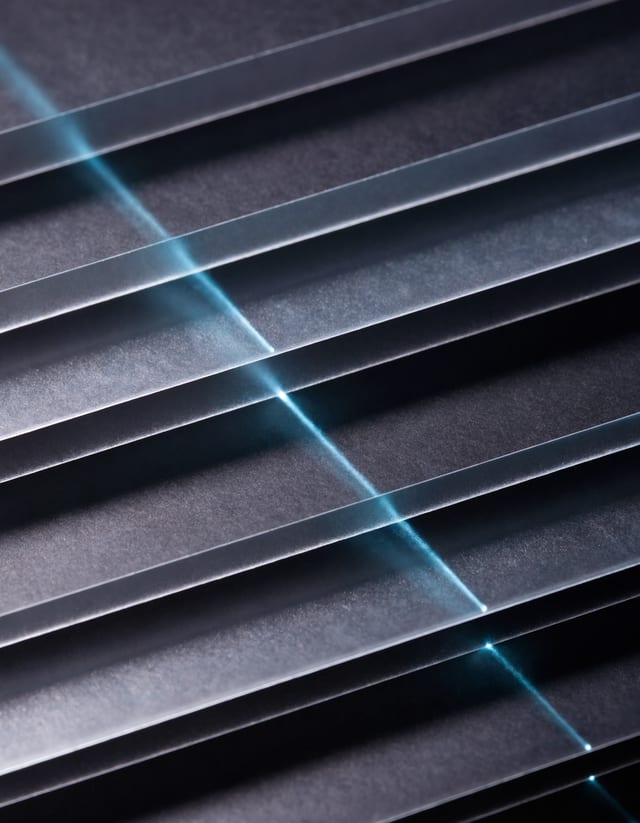 Fotografia macro abstrata de painéis sobrepostos de vidro fosco com iluminação de estúdio e um feixe de luz nítido incidindo sobre um ponto de destaque ciano, simbolizando a transparência e filtragem precisa na metodologia da Avellun.