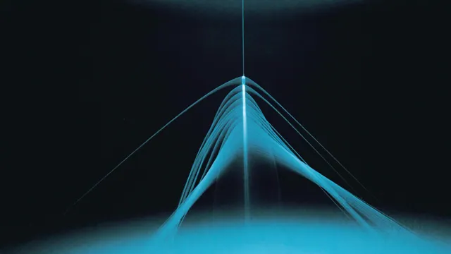 Conceito visual Avellun: trilhas de dados e feixes de luz convergindo com precisão para um único ponto focal em ciano sobre fundo grafite escuro, simbolizando a seleção algorítmica da resposta ideal pelas IAs generativas.